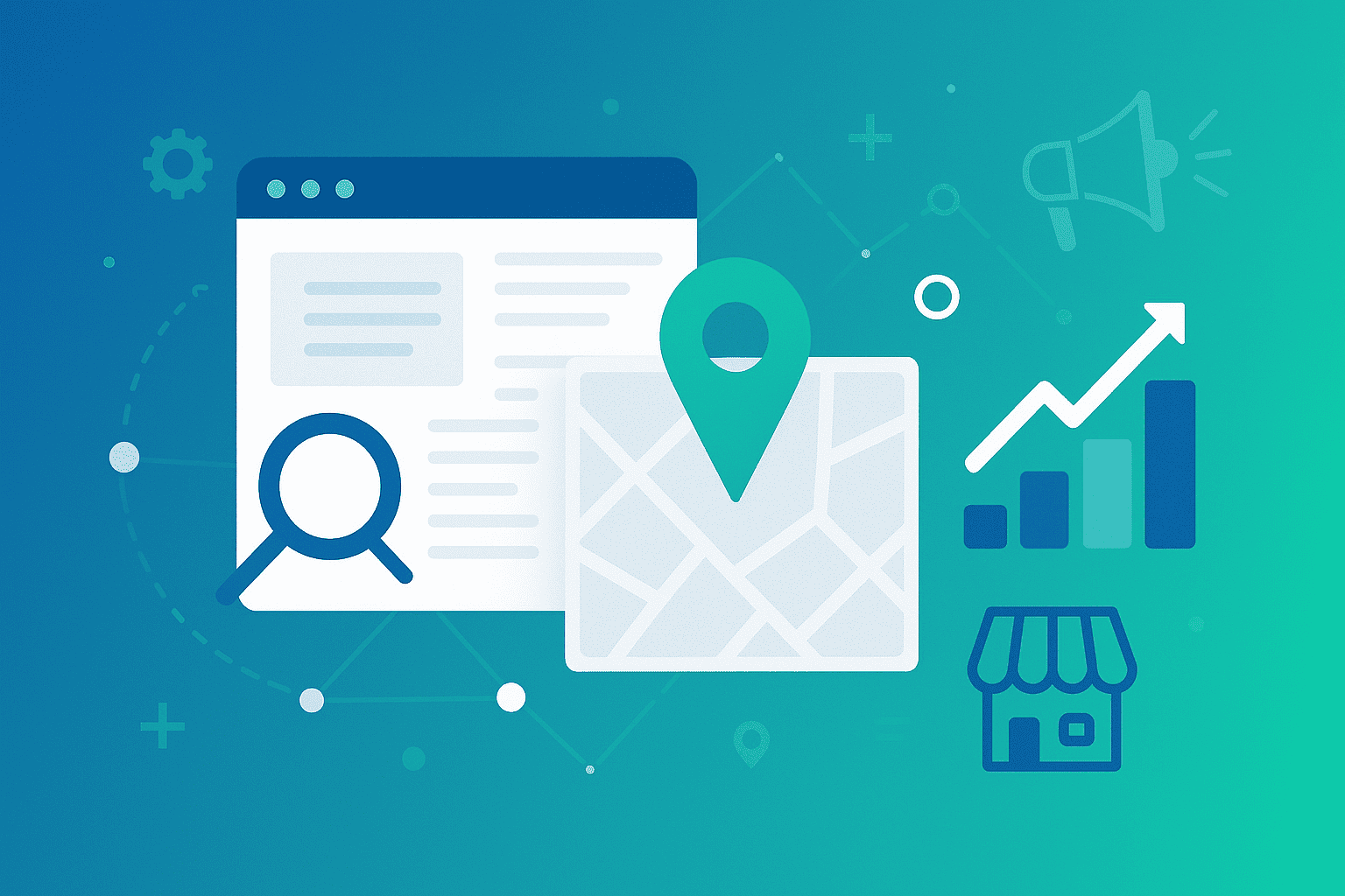 Illustration of local SEO and lead generation with map pin, search icon, website window, and growth chart on a blue to teal gradient background